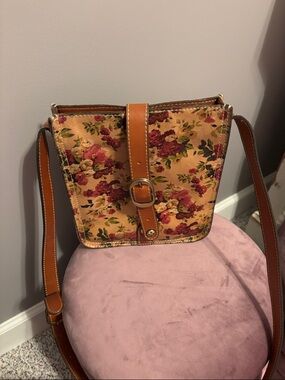 Patricia Nash Floral Crossbody with Tan Leather Strap and Buckle